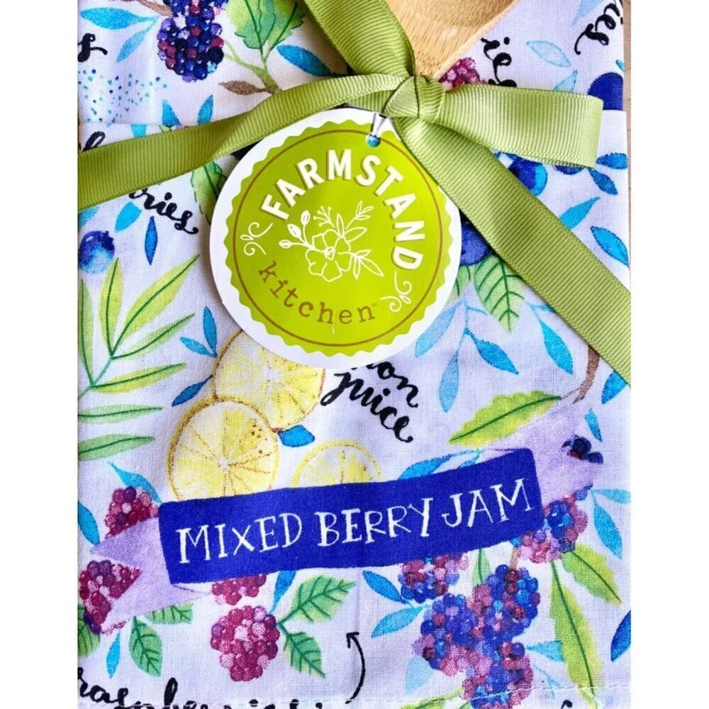 New Mixed Berry Jam Fruit Theme Wooden Spoon & Cotton Kitchen Towel Gift Set